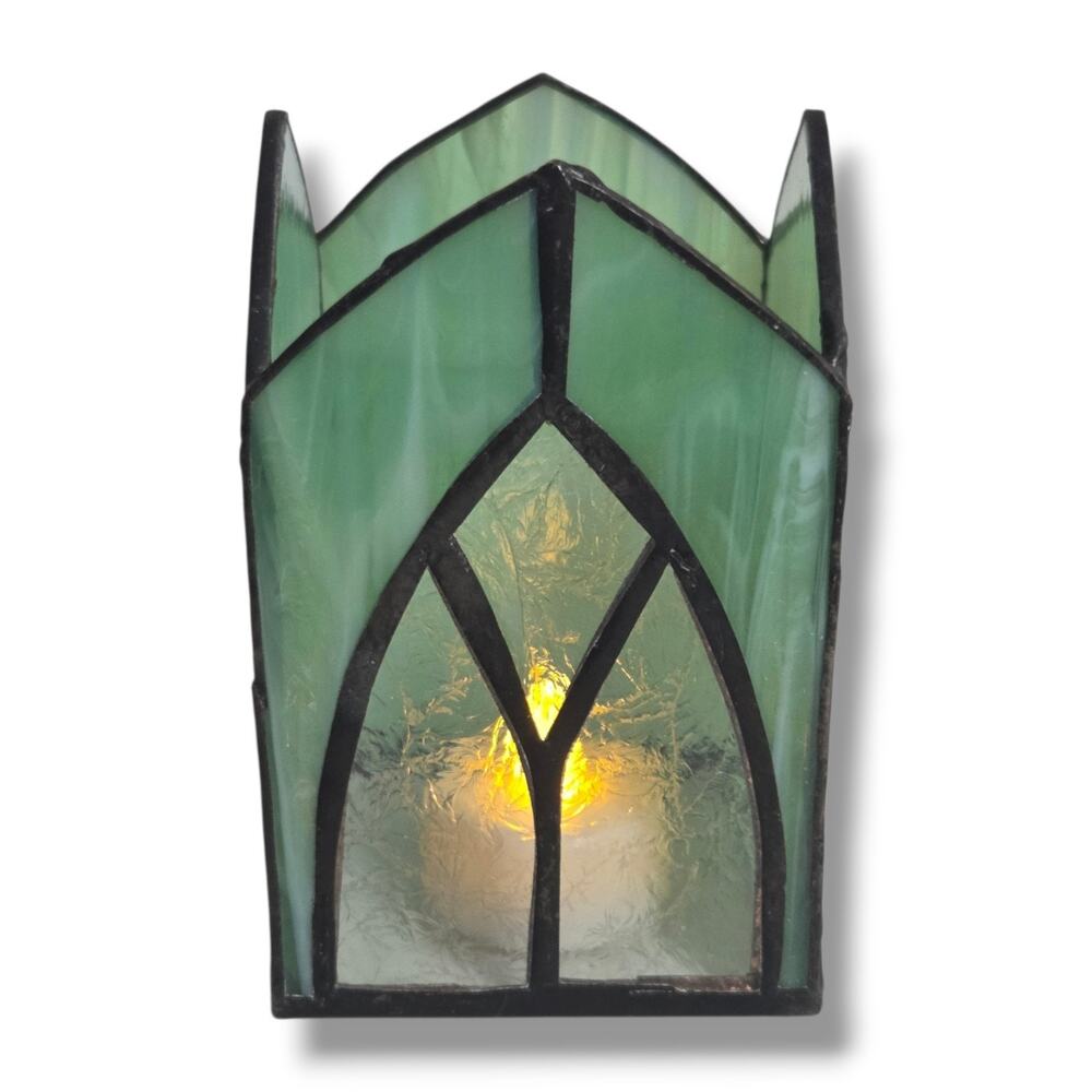 Vintage Stained Glass Votive Candle Tea Light Holder MCM Slag Glass Green Jadite